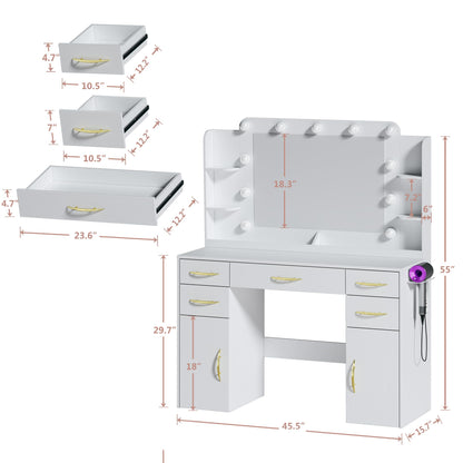 ALEXNUTRE Make up Vanity Desk with Mirror and Lights, Vanity with Lights 3 Models Settings, Vanity with Power Outlet, Vanity Desk with 5 Drawers, 2 Cabinets, Shelves, Makeup Vanity for Bedroom, White