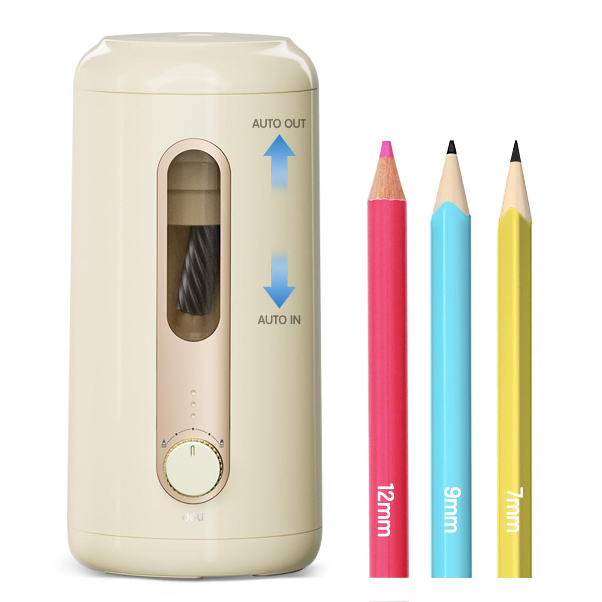 Deli Electric Pencil Sharpener - Fully Automatic, Auto In & Out, Rechargeable Hands-Free for 6.9-12mm Pencils - Home & Classroom - Battery Operated - Beige deli