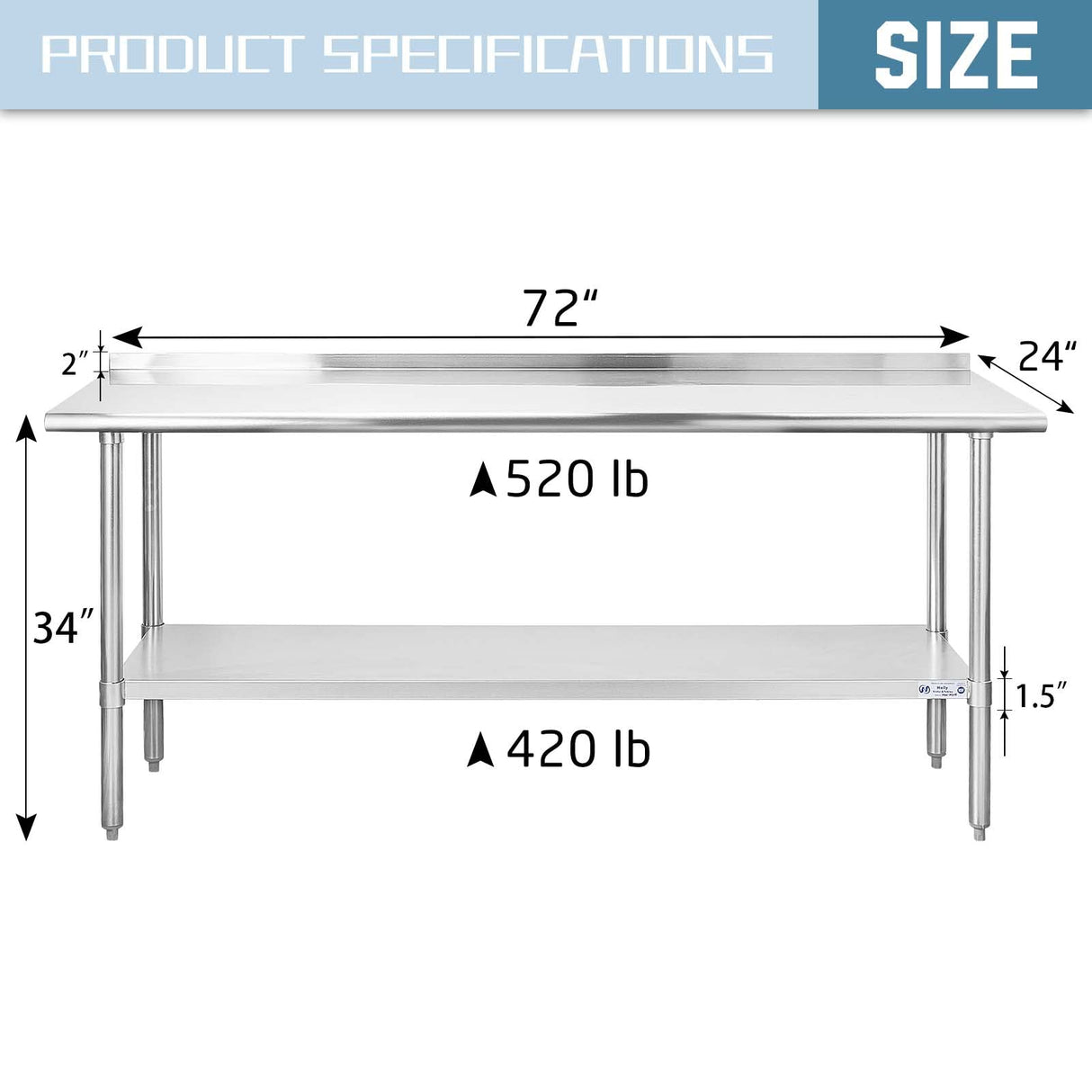 Hally Sinks & Tables HStainless Steel Table for Prep & Work 24 x 72 Inches, NSF Commercial Heavy Duty Table with Undershelf and Backsplash for Restaurant, Home and Hotel HALLY SINKS & TABLES H