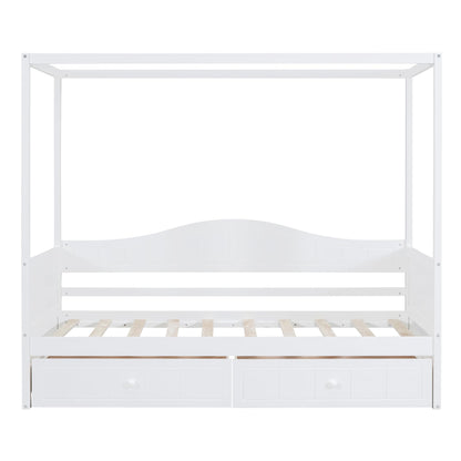 Bellemave Twin Size Canopy Daybed with 2 Drawer,Wood Canopy Bed Frame,4 Poster Bed for Kids,Teens, Adults,Space Saving,White