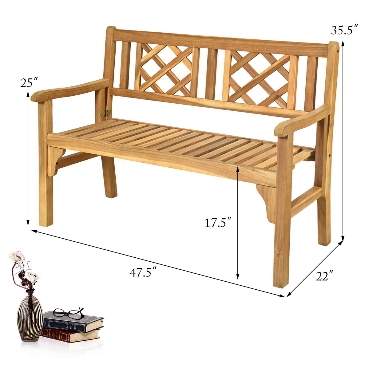 Giantex Outdoor Bench, Patio Wooden Bench, 4 Ft Foldable Acacia Wood Garden Bench, Outside Loveseat with Curved Backrest and Armrest, 705Lbs Weight Giantex