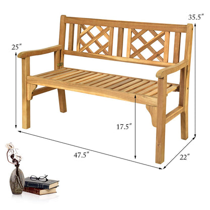 Giantex Outdoor Bench, Patio Wooden Bench, 4 Ft Foldable Acacia Wood Garden Bench, Outside Loveseat with Curved Backrest and Armrest, 705Lbs Weight