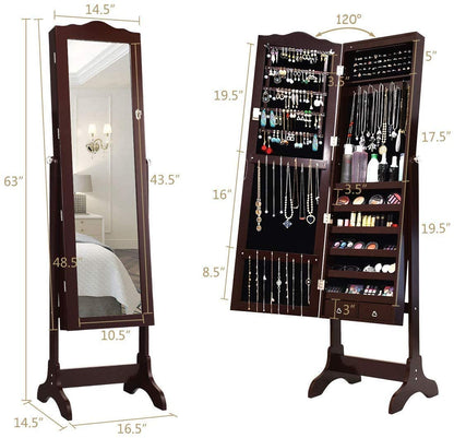 Giantex Jewelry Armoire Organizer with Full Length Mirror, 14 LEDs Floor Standing Jewelry Cabinet with 2 Drawers, 4 Adjustable Angles, Lockable Jewelry Storage Box Cabinet (Brown) - WoodArtSupply