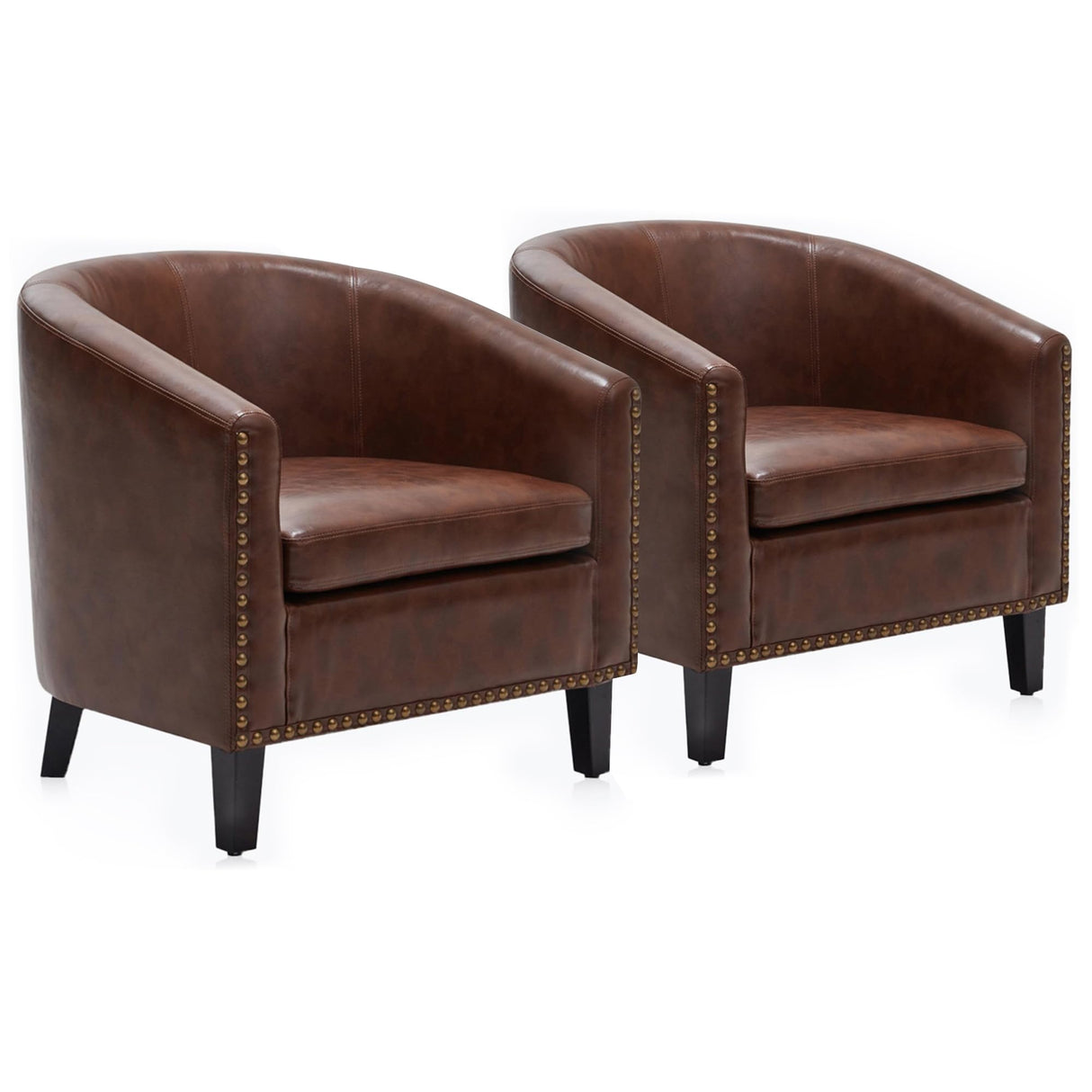 BELLEZE Accent Barrel Chairs Set of 2, Modern Tub Club Chairs Upholstered Armchairs for Living Room, Faux Leather Chairs with Gold Nail Head Trim Black Legs - Kyara (Brown) BELLEZE