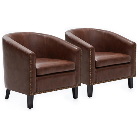 BELLEZE Accent Barrel Chairs Set of 2, Modern Tub Club Chairs Upholstered Armchairs for Living Room, Faux Leather Chairs with Gold Nail Head Trim Black Legs - Kyara (Brown) BELLEZE