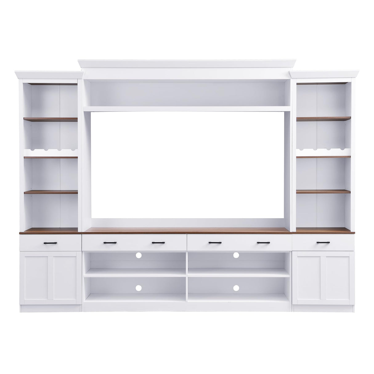 Ball & Cast Farmhouse 4-Piece Wall Unit Entertainment Media Center Set with Bookshelf for TVs Up to 70",Large Entertainment Wall Unit TV Stand W/Adjustable Shelves and Wine Rack,for Living Room,White Ball & Cast