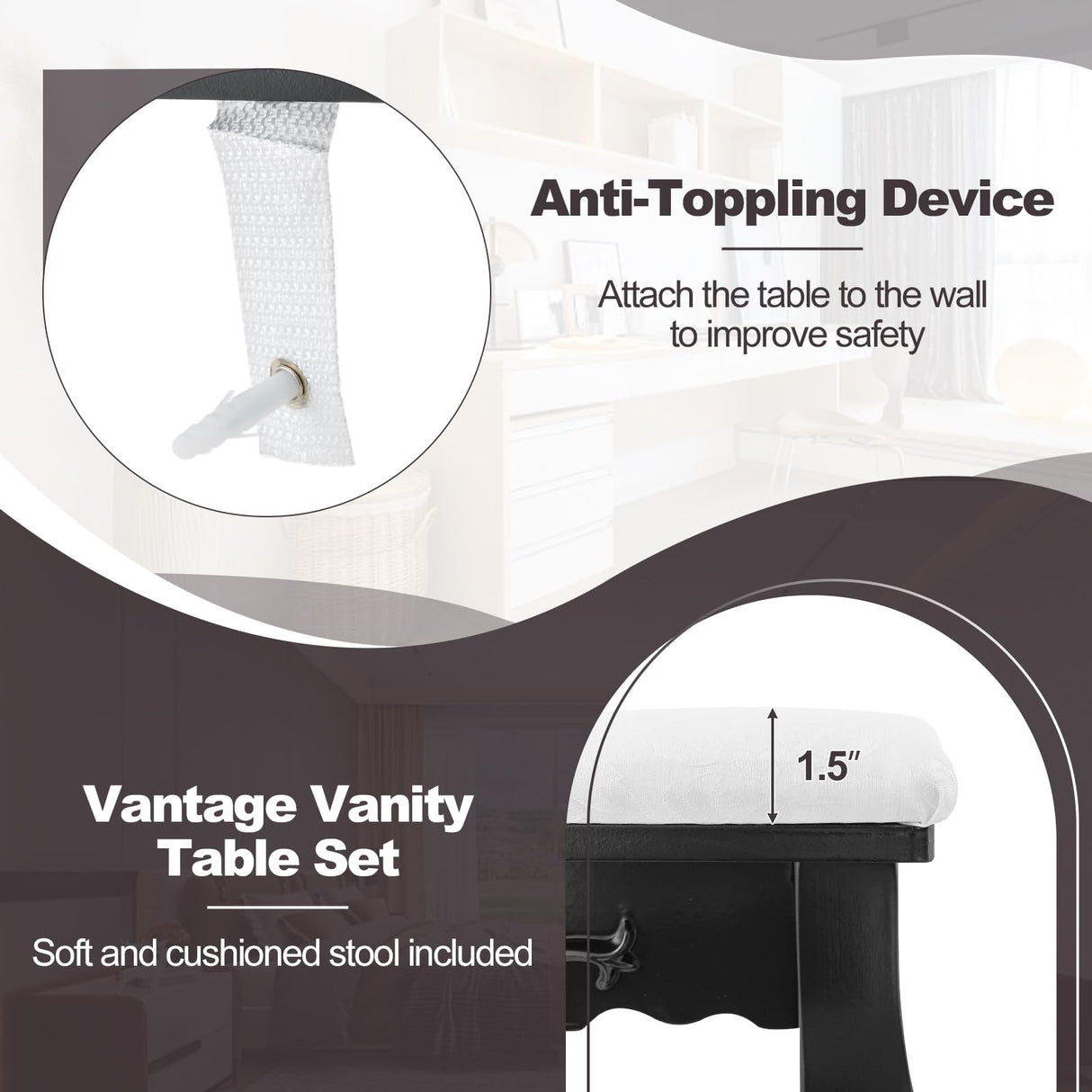 CHARMAID Girls Vanity Table with Lighted Mirror and Stool, 10 Dimmable LED Lights, 3 Color Lighting Modes, 4 Drawers, Rose-Shaped Handle, Bedroom Dressing Makeup Vanity Desk Set (Black) CHARMAID