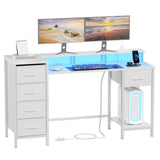 Korfile White Computer Desk with Power Outlets & LED Lights, Reversible Gaming Desk with 5 Fabric Storage Drawers, 47" Home Office Desk with Monitor Stand Shelves for Working, Vanity Table for Bedroom Korfile