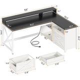 SEDETA Corner Computer Desk, 55" Corner Gaming Desk with Drawers, LED Lights and Power Outlet, Farmhouse L Shaped Office Desk with File Drawer, Storage Shelves and Monitor Shelf, Black SEDETA
