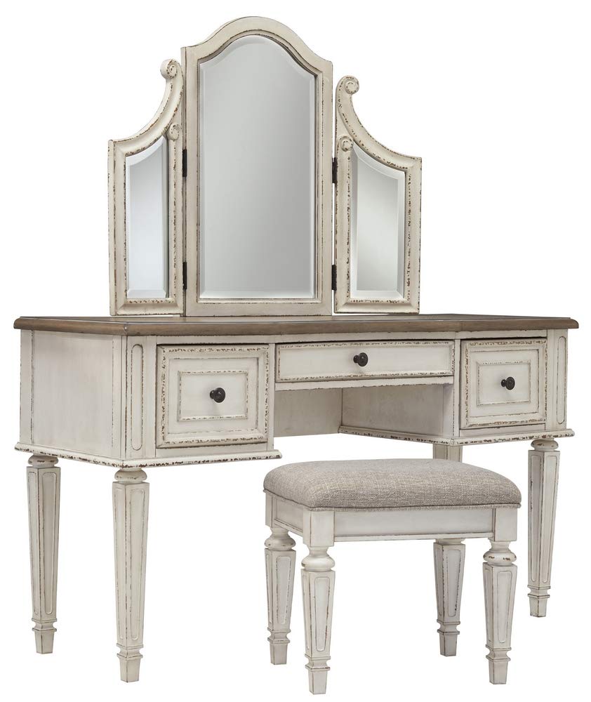 Signature Design by Ashley Realyn Traditional Cottage 3 Drawer Vanity Set with Dovetail Construction, Mirror & Stool Included, Chipped White, Distressed Brown