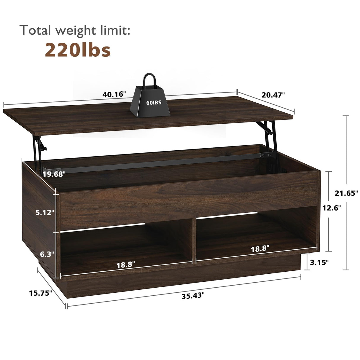 HOMMPA Lift Top Coffee Table with Hidden Storage LED Coffee Table Dark Walnut Living Room 3 Tiers Tea Table with Storage Center Tables Hidden Compartment & 2 Open Shelves HOMMPA