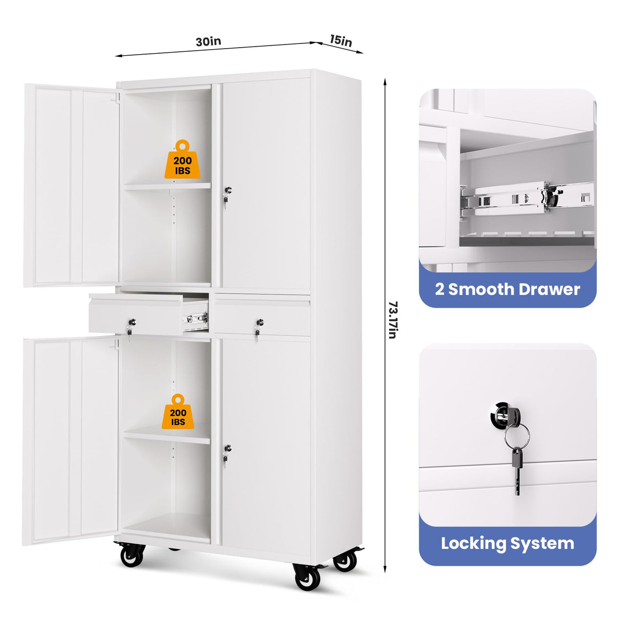 Garvee Metal Storage Cabinet, 73 Inch Garage Storage with Locking Doors and Adjustable Shelves, Heavy Duty Tool Cabinet with 2 Drawers Garvee