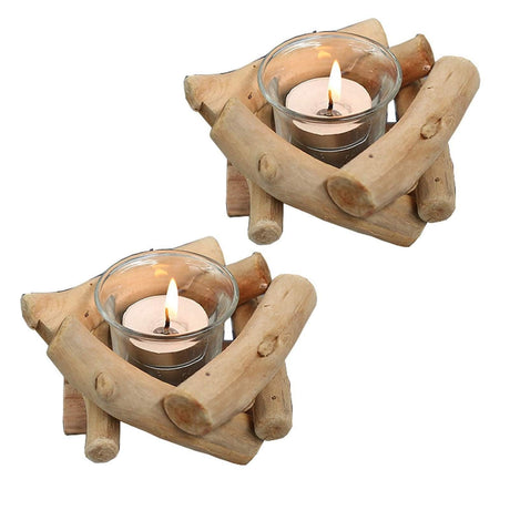 Sziqiqi Handmade Wooden Tea Light Candle Holder with Glass Cup Rustic Country Coastal Style for Farmhouse Home Decoration Seaside Decor Holoday Wedding Decoration Pack of 2 Sziqiqi