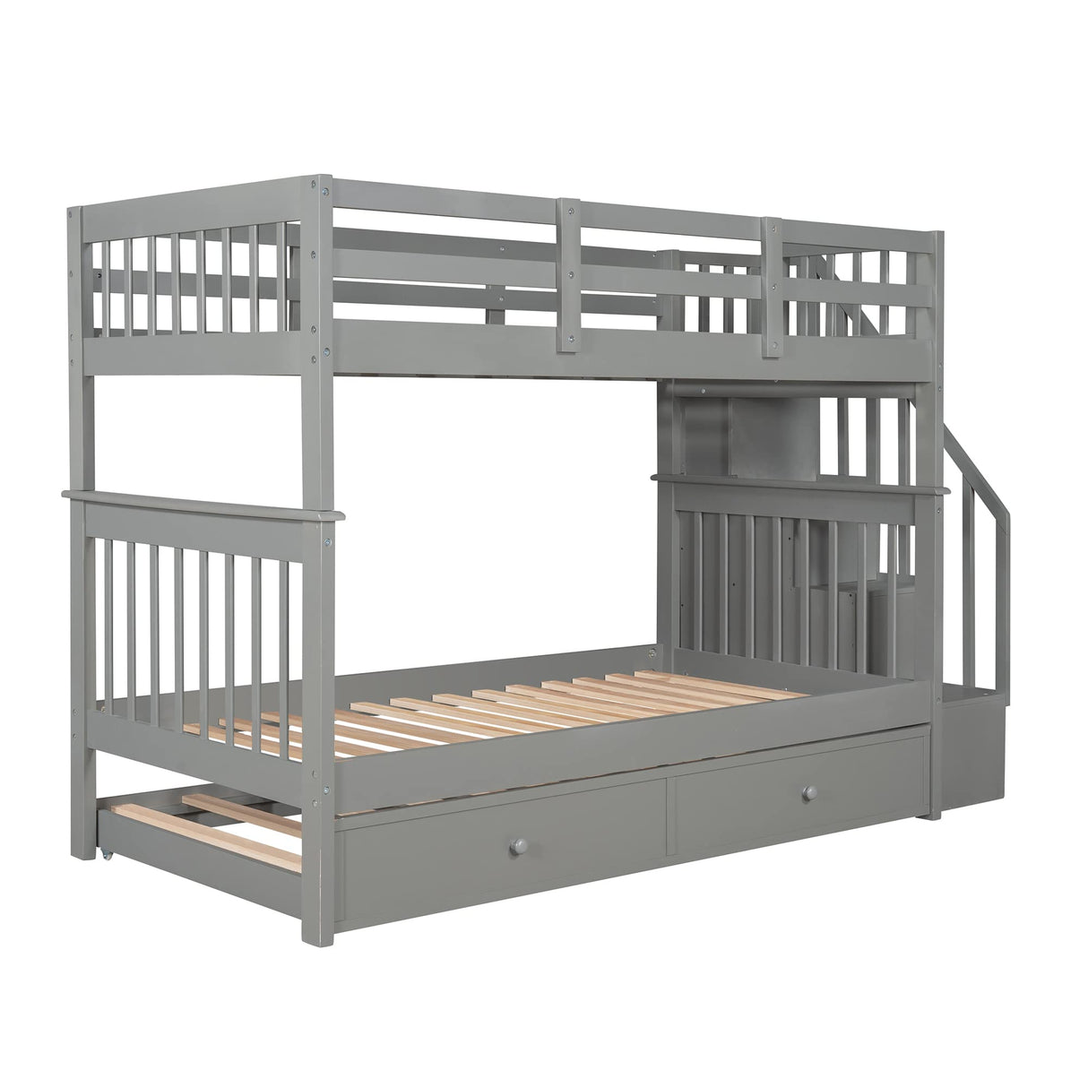 Twin Over Twin Bunk Bed with Trundle and Stairs, Solid Wood Bunk Beds Frame with Storage for Kids, Teens, Adults, Bedroom, Dorm. No Box Spring Needed (Gray) Bellemave