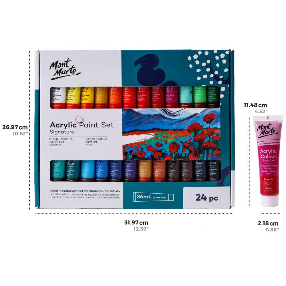 Mont Marte Acrylic Paint Set 24 Colours 36ml 2 PACK, Perfect for Canvas, Wood, Fabric, Leather, Cardboard, Paper, MDF and Crafts Mont Marte