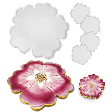 RESINWORLD Resin Tray Coaster Mold Set, 1Pc 13'' Large Floral Tray Mold + 4 Pack 4'' Flower Geode Coaster Silicone Molds (No Designs on Mold) ResinWorld