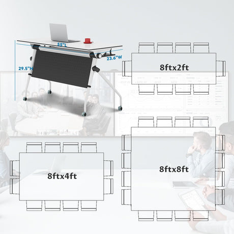 Conference Table Folding Conference Room Table,55.1x23.6x29.5 Inches Flip Top Training Meeting Table with Wheels,Modern Rectangle Seminar Boardroom Table for Office Conference Room (White, 8 Pack) Crevew