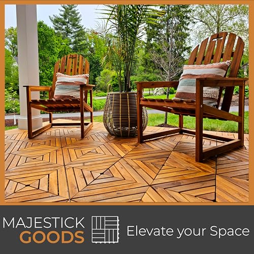 Interlocking Deck Tiles 8 Pack Diagonal - Snap Together Wood Flooring | 12 x 12 Acacia Hardwood Outdoor Flooring for Patio | Floor Decking Tile - Balcony Backyard Decor, Outside Wooden Patio Pavers Majestick Goods