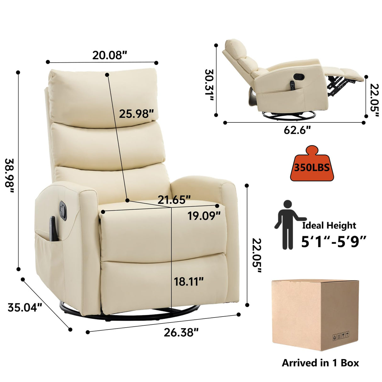 PELUMY Manual Recliner Chair with Heat & Vibration Massage, 360° Swivel Rocker Recliner with 155° Recline and Lumbar Heat, Compact Recliner for Living Room & Small Spaces (Breathable Leather, Beige) PELUMY