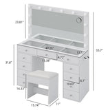 White Vanity Desk with Illuminated Mirror & Power Outlet, 11 Drawers Vanity Table with Chair, Makeup Vanity with 12 LED Lights, Tempered Glass Top, Dressing Table for Bedroom,Dressing Room CollaredEagle