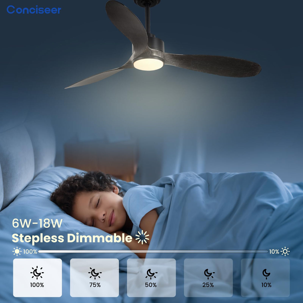 Wood Ceiling Fans with Lights, 52 Inch Ceiling Fans with Light and Remote for Bedroom Living Room Kitchen Office, Indoor/Outdoor Use, 3CCT Dimmable, 3 Blades 6 Speed Reversible Quiet DC Motor, Black Conciseer