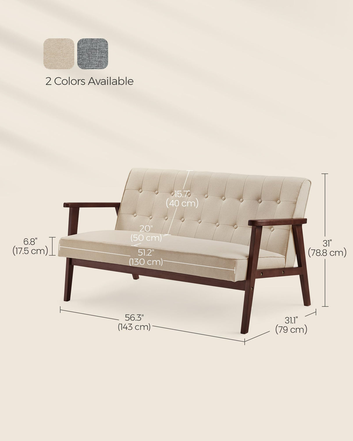 SONGMICS Loveseat Sofa, 2 Seater Cushioned Couch for Small Spaces, Mid-Century Modern 51.2-Inch Wide Seat with Solid Wood Armrests, Easy Assembly, for Living Room Bedroom, Sand Beige ULAC012M01 SONGMICS