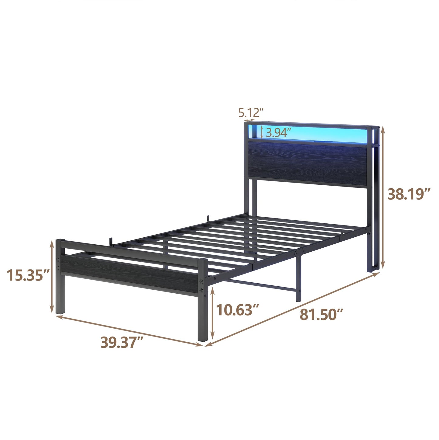 HOJINLINERO Twin Bed Frame with Storage Headboard/LED Lights,Metal Bed Frame Twin Size with Charging Station,Twin Platform Bed Frame No Box Spring Needed,Beds Base,Heavy Duty Metal Slats Support,Black