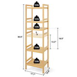 Homykic Bamboo Bookshelf, 5-Tier Narrow 55.9” Adjustable Book Shelf Bookcase Bathroom Shelves Freestanding Storage Stand for Living Room, Bedroom, Kitchen, Rust Resistance, Easy Assembly, Natural Homykic