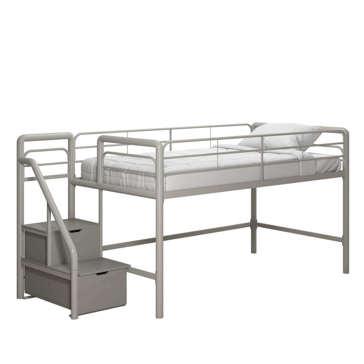 DHP Junior Twin Metal Loft Bed with Storage Steps, Multifunctional Space-Saving Solution - Silver with Gray Steps DHP