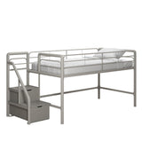 DHP Junior Twin Metal Loft Bed with Storage Steps, Multifunctional Space-Saving Solution - Silver with Gray Steps DHP