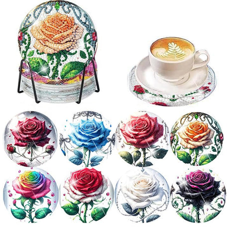 Diamond Art Coasters Kit for Adults, 8 Pcs Rose Diamond Painting Coasters Kit with Holder, DIY Non Slip Art Supplies for Beginners 4x4in Axquilon