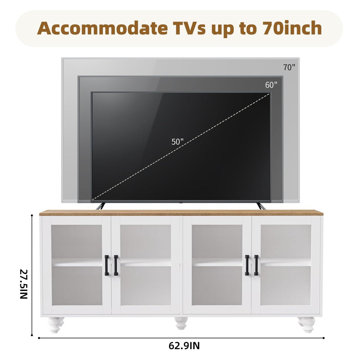 RuiSiSi Farmhouse Entertainment Center with 2 Bookshelves & Tempered Glass Doors, TV Stand with Adjustable Shelves for TVs up to 70'', Media Console with Solid Wood Gourd-Shaped Legs, White RuiSiSi