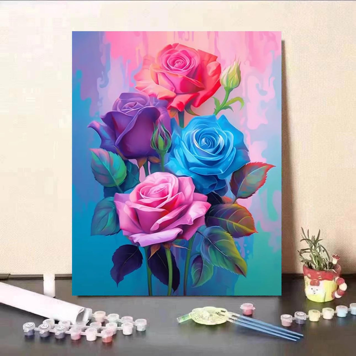 MaiMMaledy Paint by Numbers Kit for Adults Beginners Canvas Pictures with Framed Drawing Painting Acrylic Pigment with Wooden Triangle Easel Rose 8Wx12L inch MaiMMaledy