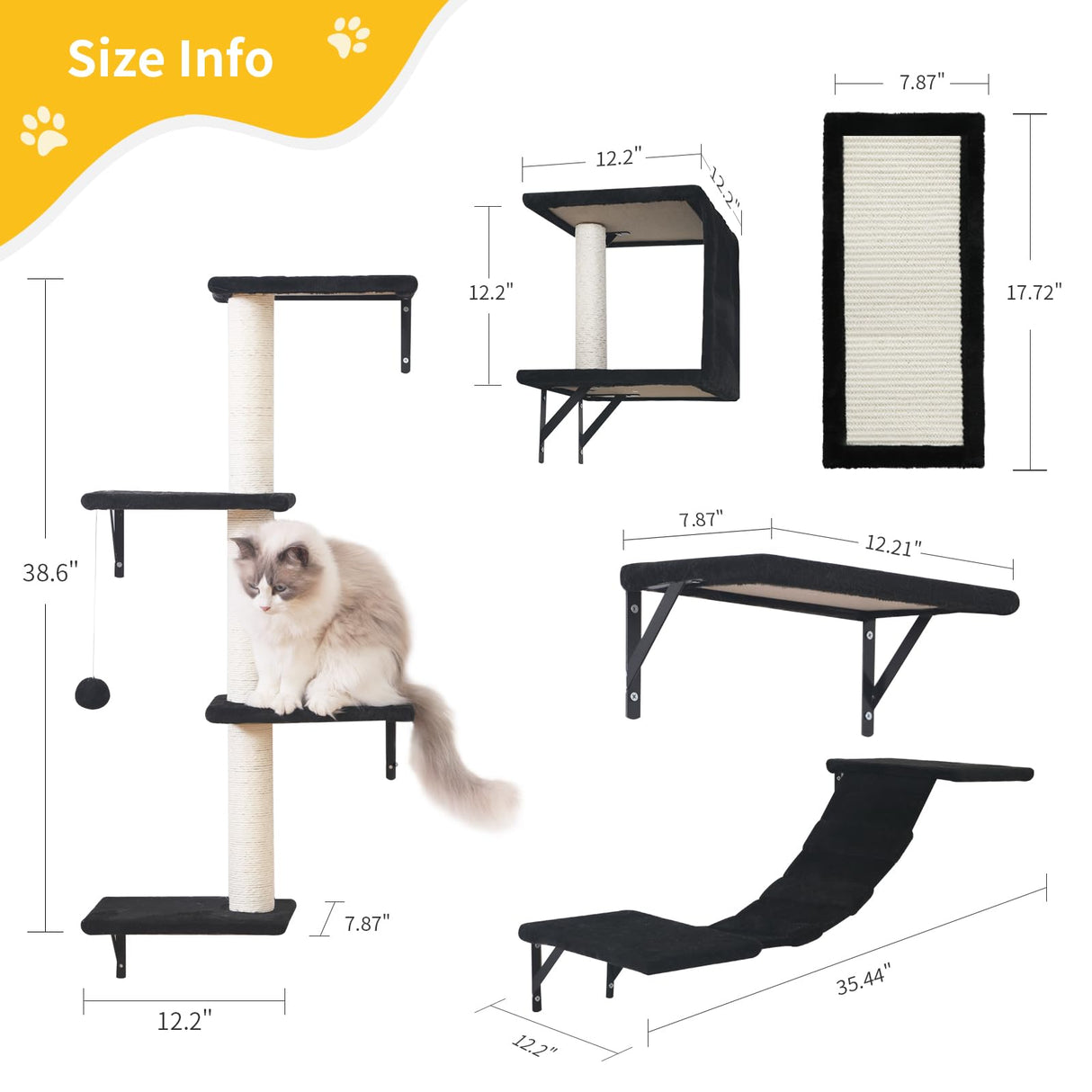 Modern Wall-Mounted Cat Furniture - 5pcs Cat Wall Shelves, Stable Wooden Cat Climber with Cat House, Bridge, Tree, Steps, and Scratcher - Black ESOTTE