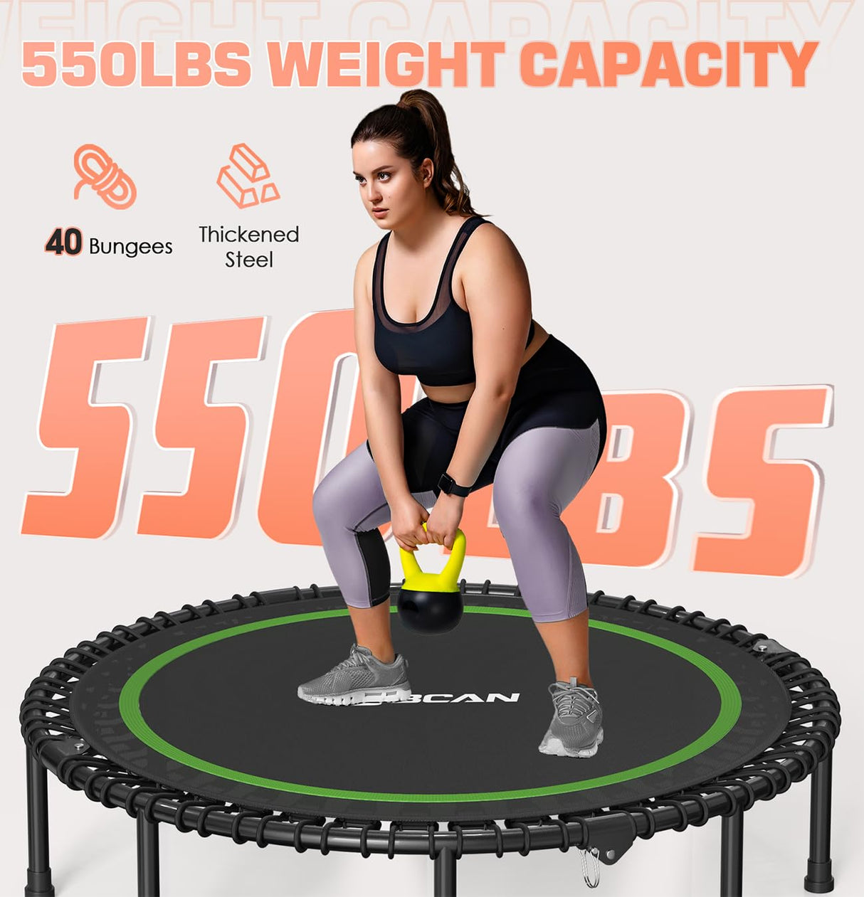 BCAN 48" Adult Fitness Trampoline with Durable Bungees, Stable & Quiet Exercise Rebounder,Great Mini Trampoline for Indoor/Garden Workout - Green BCAN