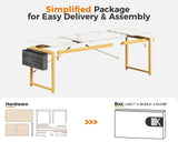 ODK Computer Desk Large Office Desk, 63 Inch Gaming Desk with Storage, Modern PC Desk Work Table with Headphone Hook for Home Office, Splice Board, White Marble + Gold Leg ODK