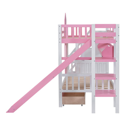 SOFTSEA Twin Over Twin Bunk Bed with Slide and Storage Solid Wood Bunk Bed Frame with Staircase and Drawers, Pink