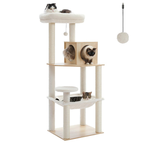 PETEPELA 56'' Cat Tree for Indoor Large Cats, 5-Level Cat Tower with Super Large Hammock (21.3''X17.3''), Sisal Covered Scratching Posts and Top Perch, Rabbit Milk Fur Beige PETEPELA