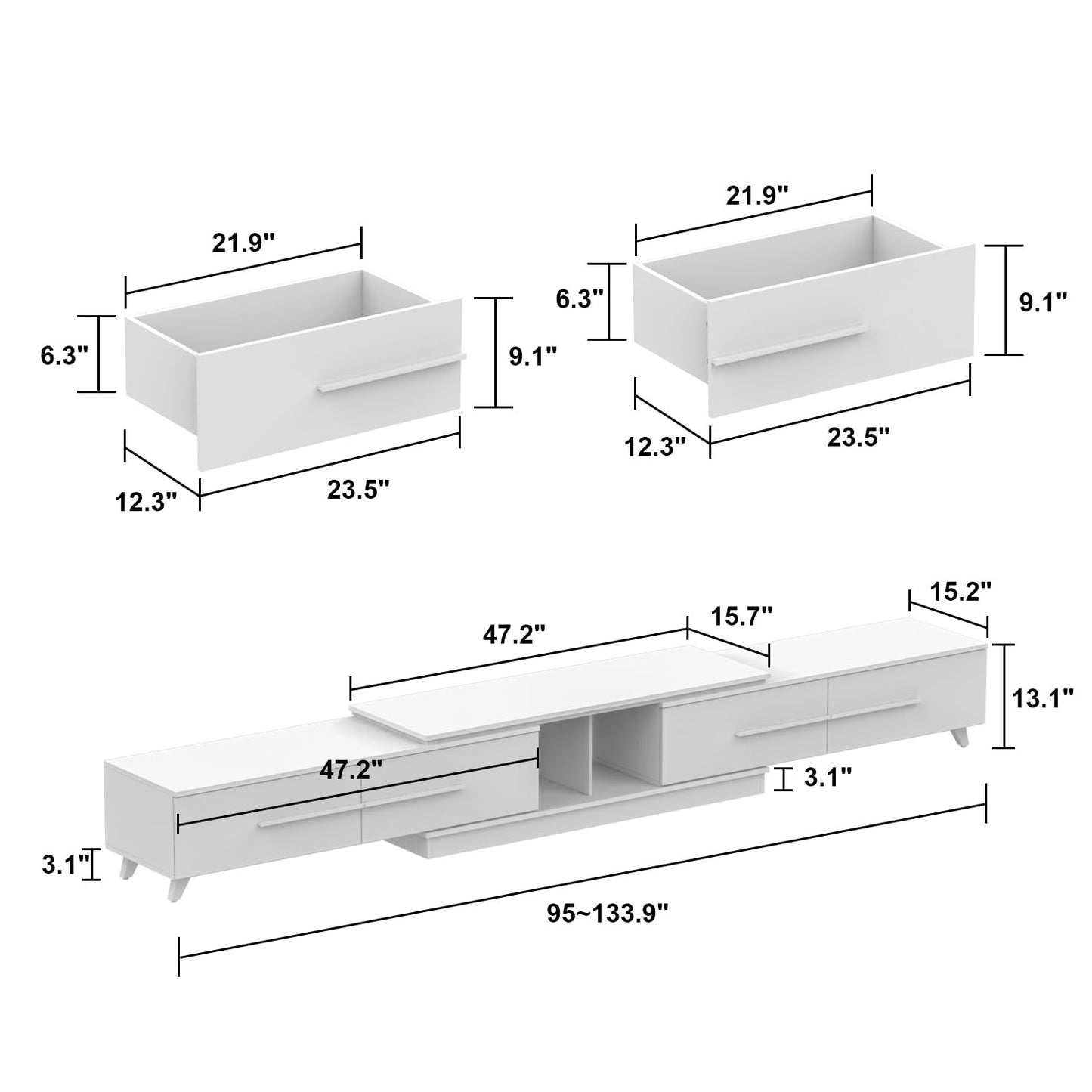 AIEGLE Deformable TV Stand with 4 Drawers, Modern Extendable TV Stand in Stretch for TVs up to 120", Wood Gaming Entertainment Center Media Stand with Adjustable Width, White (Wide 95"-134")