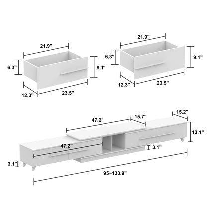 AIEGLE Deformable TV Stand with 4 Drawers, Modern Extendable TV Stand in Stretch for TVs up to 120", Wood Gaming Entertainment Center Media Stand with Adjustable Width, White (Wide 95"-134")