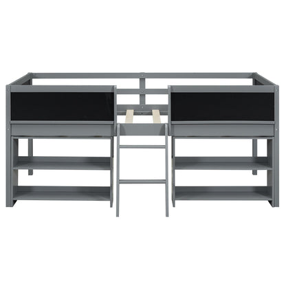 Bellemave Twin Low Loft Bed with Movable Shelves, Chalkboard, and Storage - Gray - WoodArtSupply