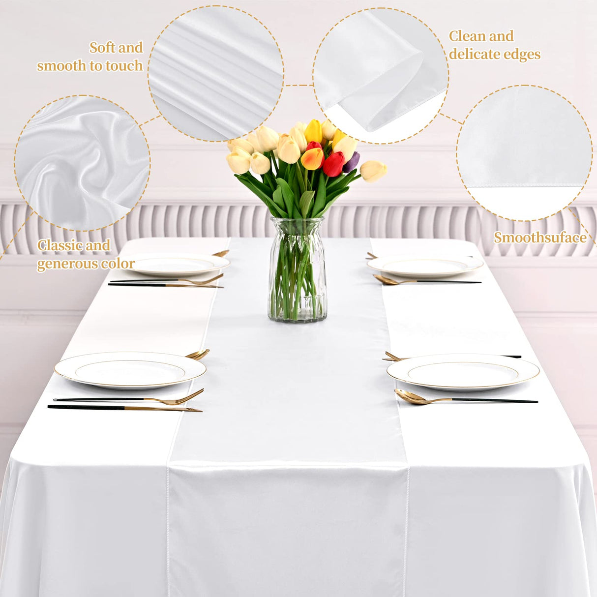 12 Pack White Satin Table Runner 12 x 108 Inch Long Premium Table Runners for Wedding Party Events Decoration, Birthday Parties, Banquets Decorations, Graduations, Engagements YMHPRIDE