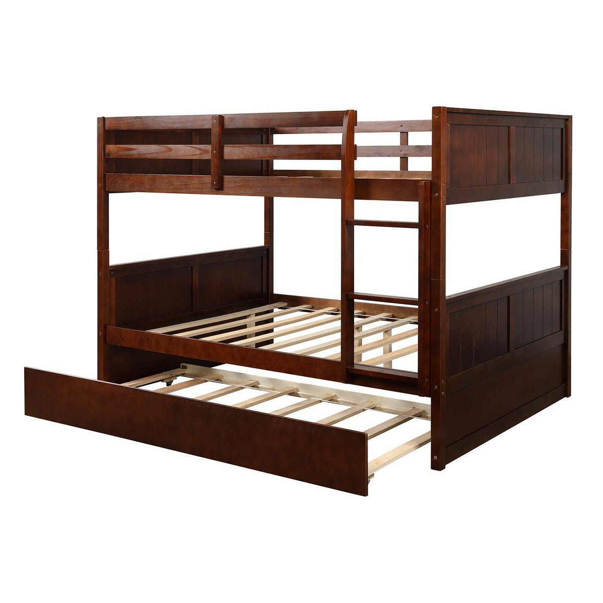 KLMM Full Over Full Bunk Bed with Trundle, Solid Wood Bunk Bed with Ladder and Safety Guard Rail, Can Accommodate 5 Person, Apply to Bedroom/Dormitory (Walnut) KLMM