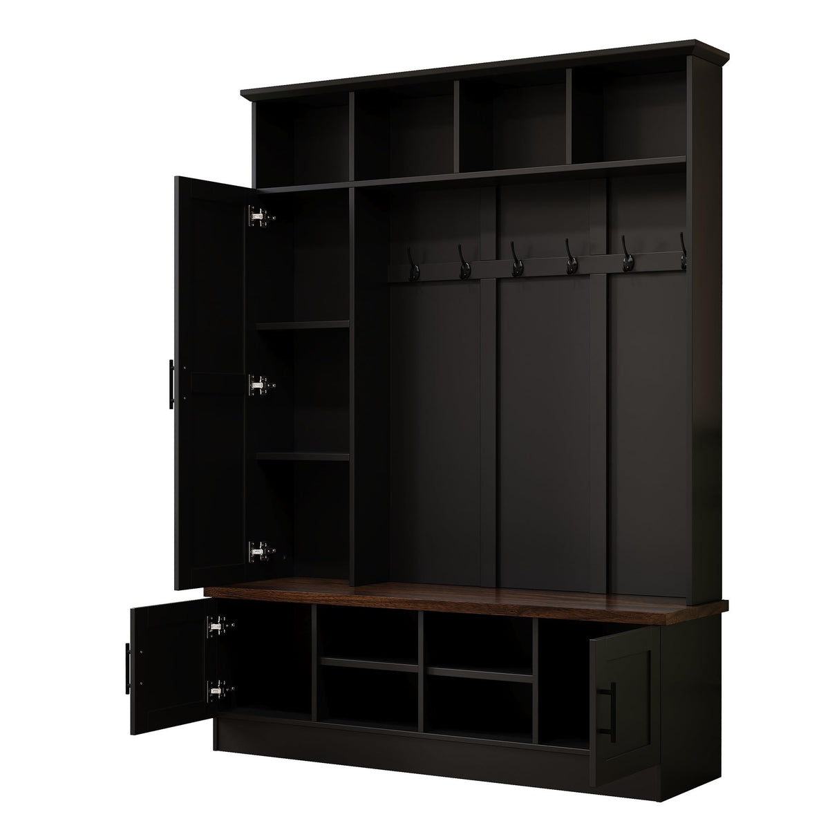 JIVOIT Versatile 3-in-1 Hall Tree, 55" W Modern Entryway Coat Rack with Multiple Storage Space, 6 Hooks, Farmhouse Walnut Storage Bench with Adjustable Shelves for Mudroom, Living Room JIVOIT