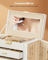 Homde Synthetic Leather Huge Jewelry Box Mirrored Watch Organizer Necklace Ring Earring Storage Lockable Gift Case (White + Gold) Homde