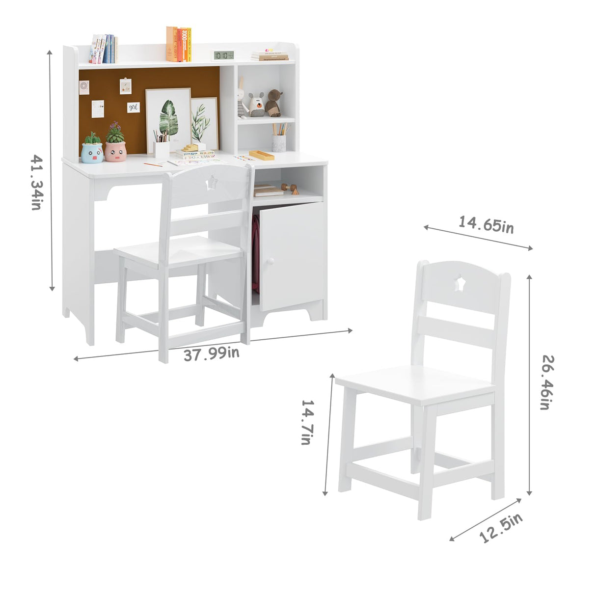 GarveeHome Kids Desk and Chair Set,Study Desk for Kids with Hutch, Storage Cabinet, Wooden Children Study Table, Student Writing Desk Computer Workstation for Kids Bedroom & Study Room,White GarveeHome