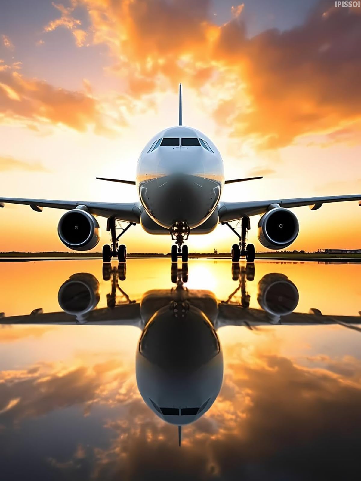 IPISSOI Diamond Art Painting Kits for Adults Airplane Landing at A Airport Round 5D Paint with Diamonds Airplane Pictures Gem Art Painting Kits DIY Crafts 12x16 inch IPISSOI