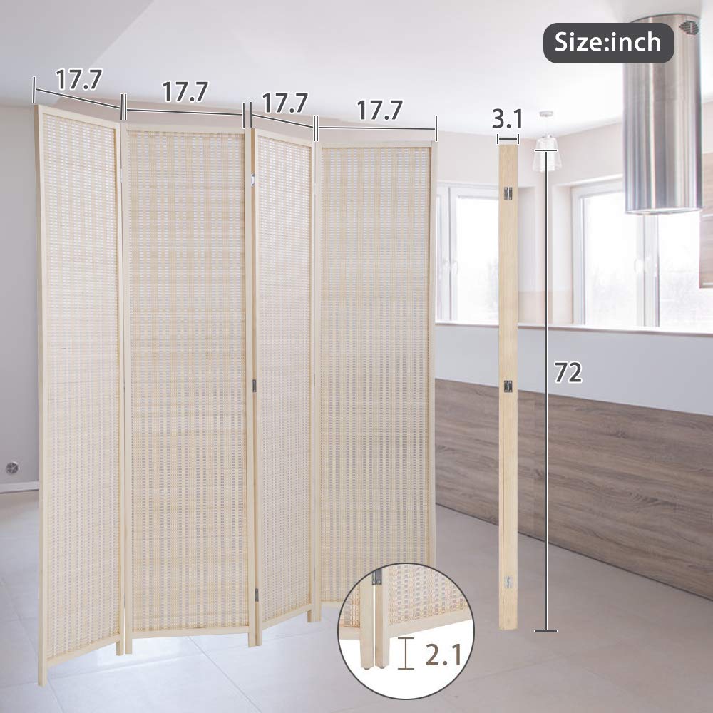 Room Divider Privacy Screen Folding 4 Panel 72 Inches High Portable Room Seperating Divider, Handwork Bamboo Mesh Woven Design Wall, Room Partitions and Dividers Freestanding, Natural Dkeli