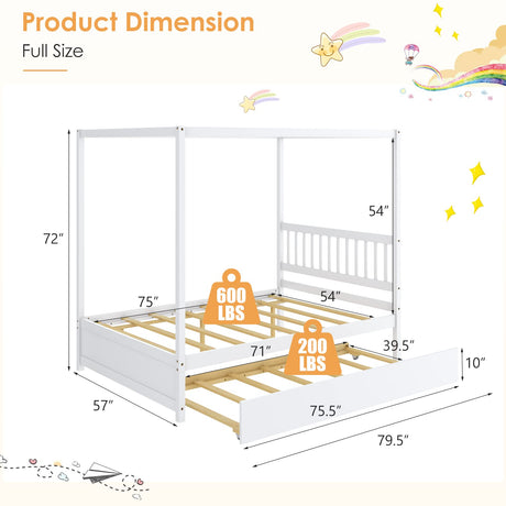 KOMFOTT Space-Saving Full Wood Canopy Bed with Twin Trundle for Kids - Easy Assembly in White KOMFOTT