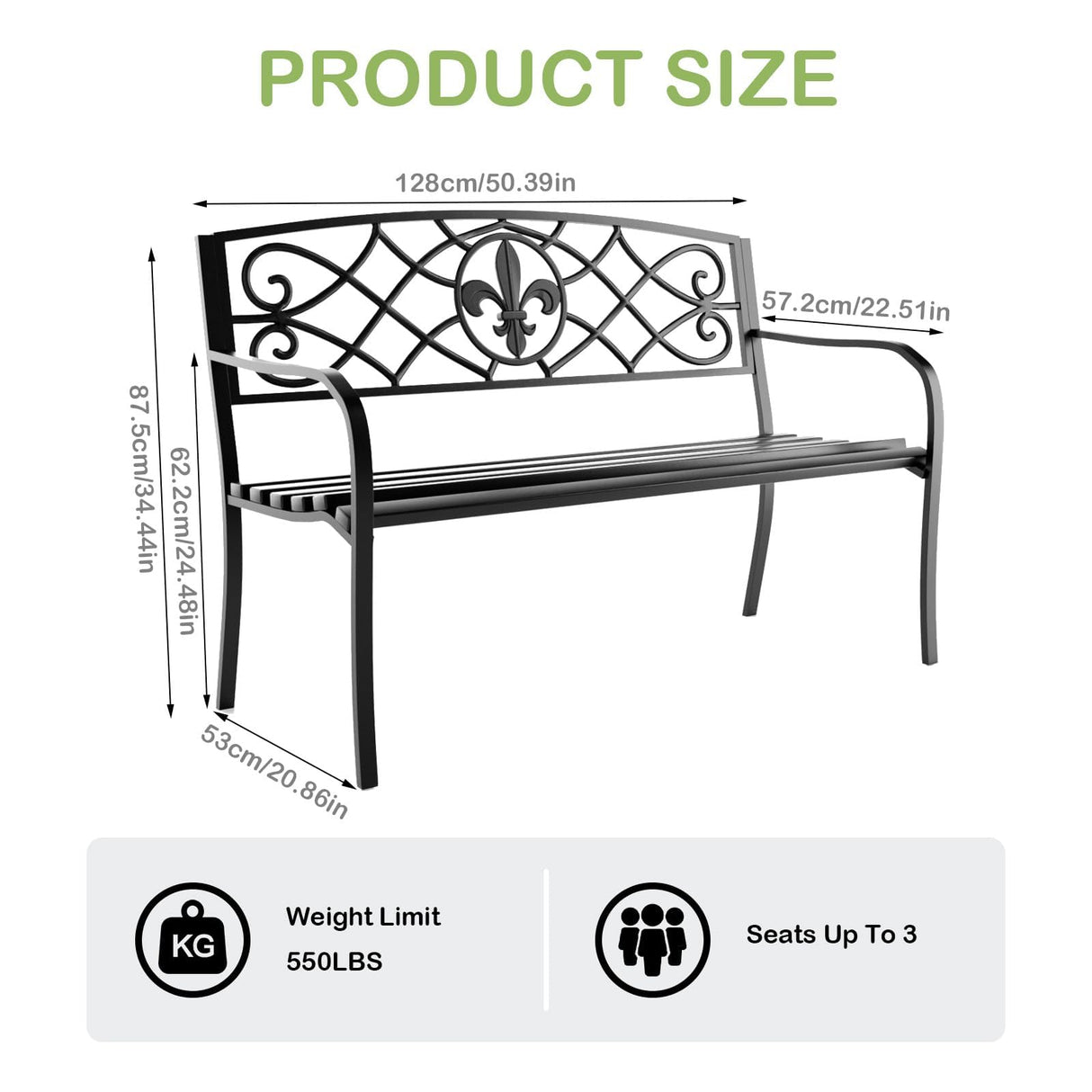JMGJOY Classic Wrought Iron Outdoor Bench, Metal Weatherproof Garden Bench with Ergonomic Backrest and Armrests, for Patio, Porch, Park, Lawn JMGJOY